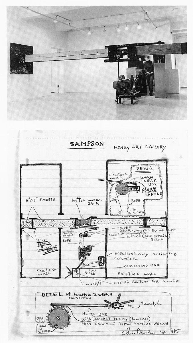 Samson, Chris Burden, 1985 (vue d'installation et croquis préparatoire)